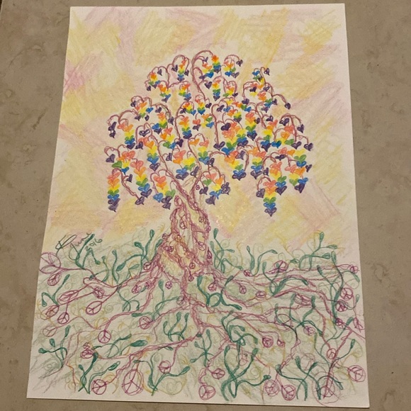 Unframed Original Art Pencil Crayon Drawing Rainbow Pride Tree - Picture 1 of 4